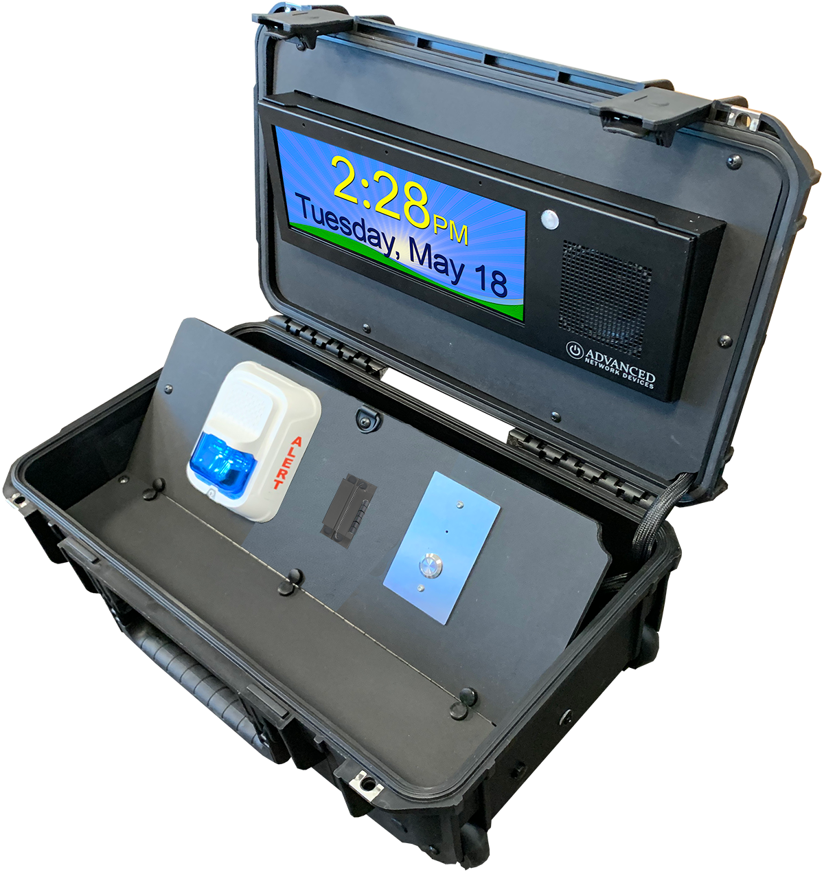 Advanced Network Devices' HD Demo Kit with an HD IP Display, Button with microphone, and Strobe.