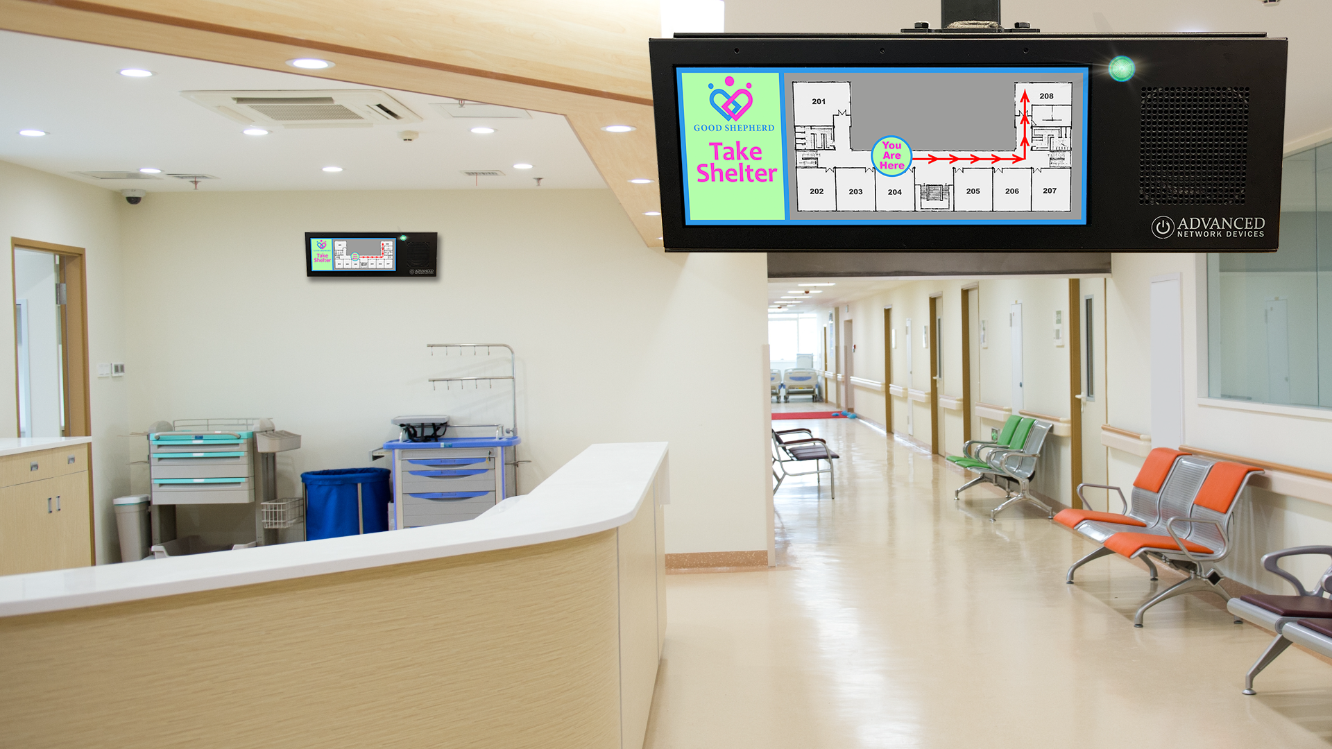 An IP display device shows map to take shelter in a hospital hallway.