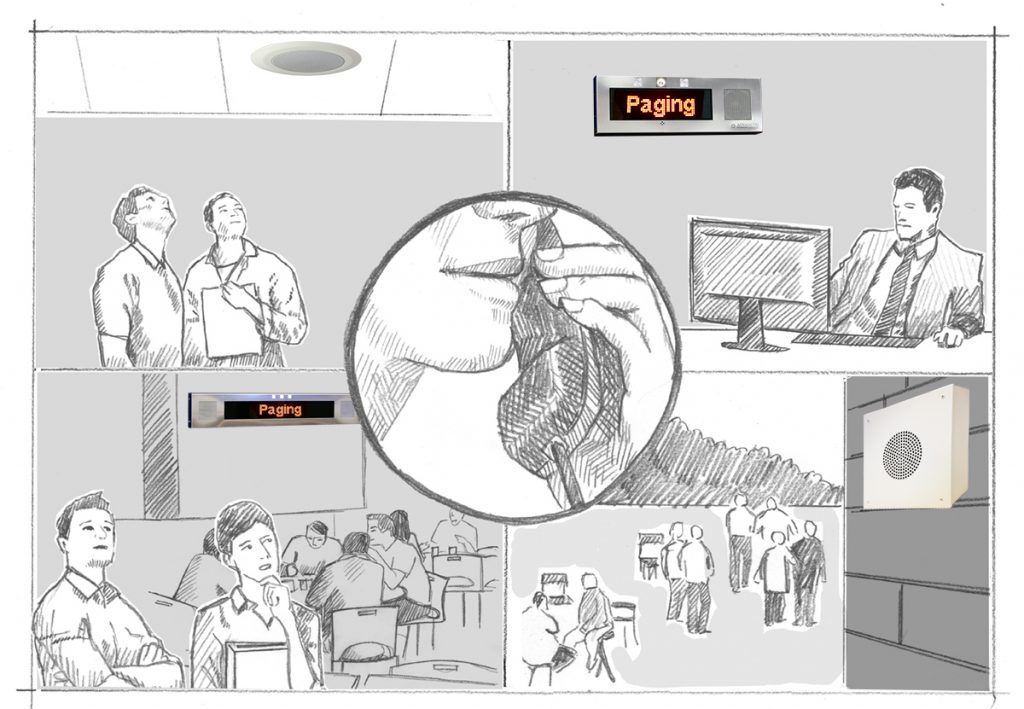 Four office spaces show employees hearing paging from IP speakers and display devices. One person speaks the page on a phone.