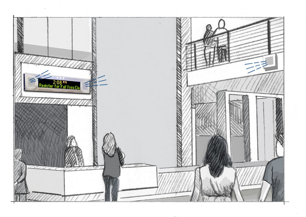 A large, open-space lobby with a Large IP Signboard and Surface Mount IP Speaker communicate informational messaging.