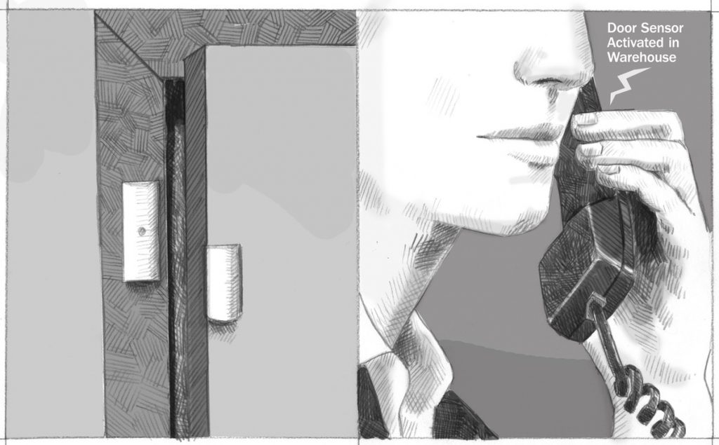 A contact closure activates on an open door. Someone holds a phone recording that says 'Door Sensor Activated in Warehouse.'