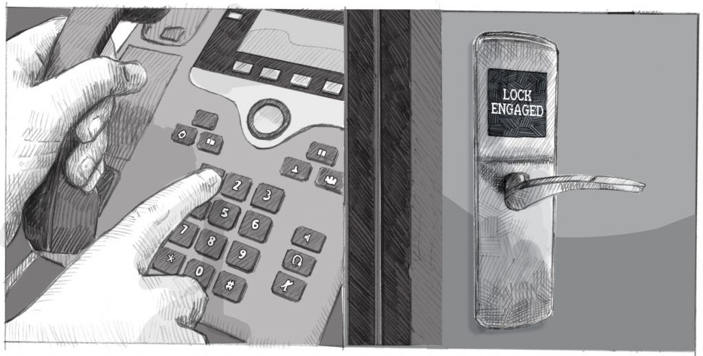 A hand dials on a phone, and an automated lock in another room becomes engaged.